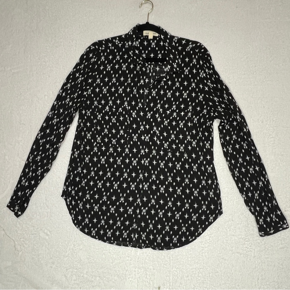 Cloth & Stone Women's Blouse Top Kasuri Hipster Star Print Black White Large
